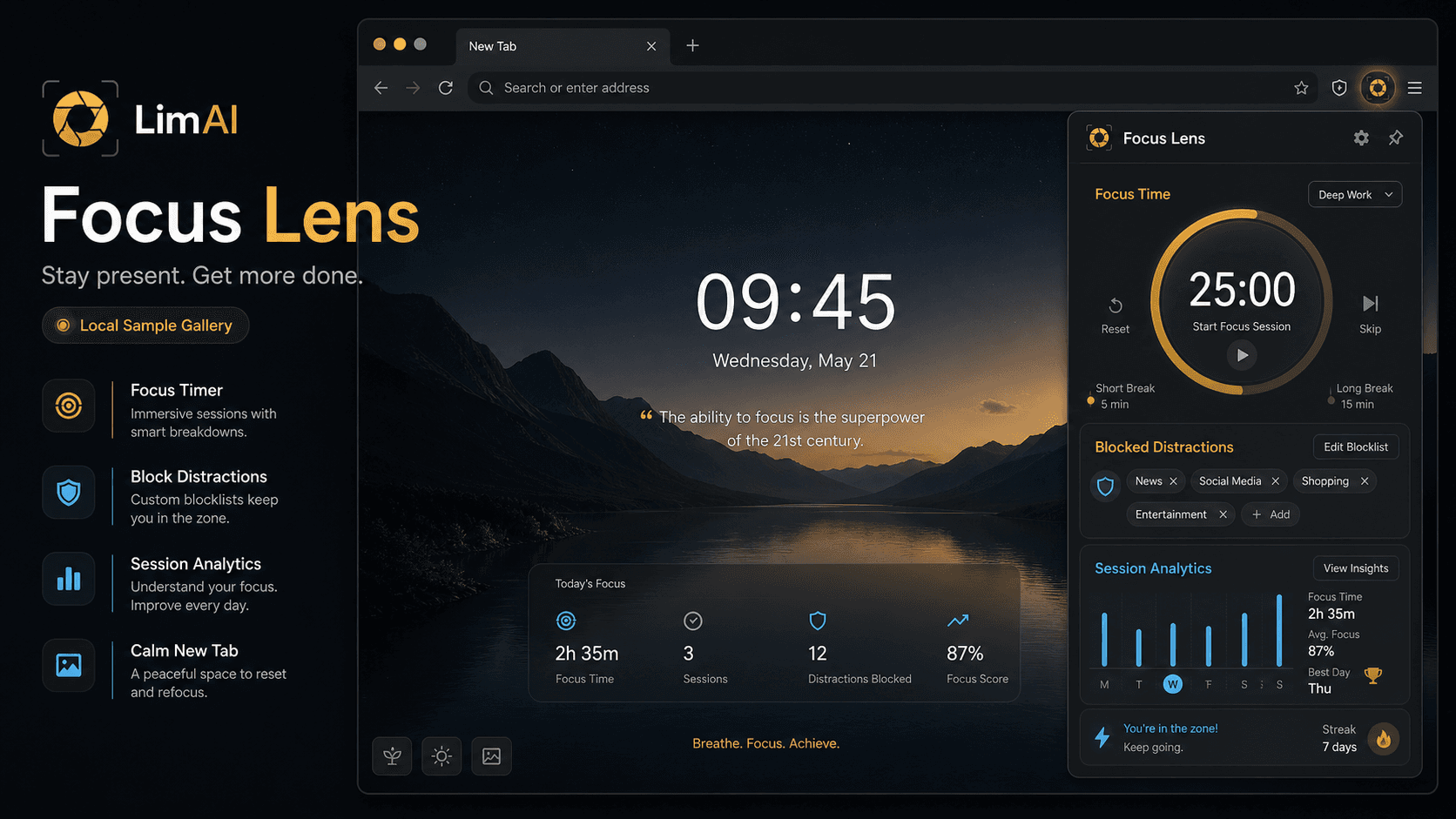 Focus Lens browser extension with a focus timer and distraction controls