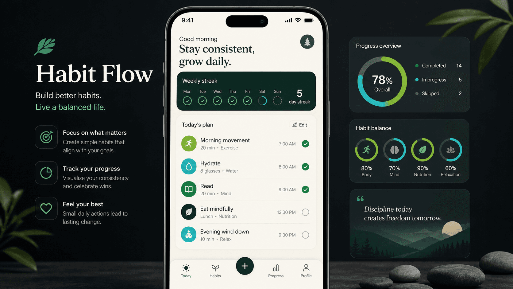 Habit Flow mobile application with daily habits and progress tracking