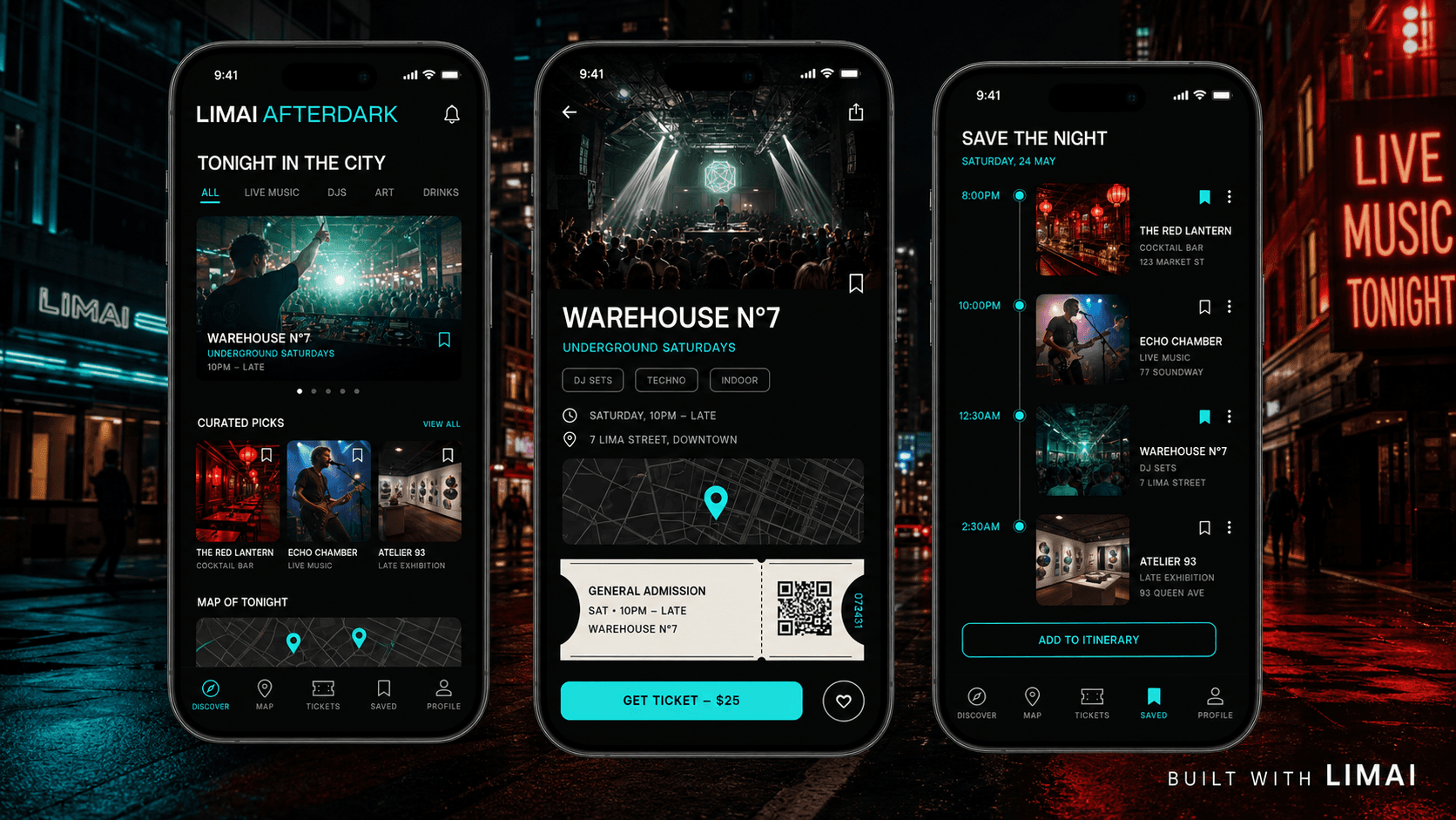 A city culture mobile app shown across discovery, venue, and itinerary screens