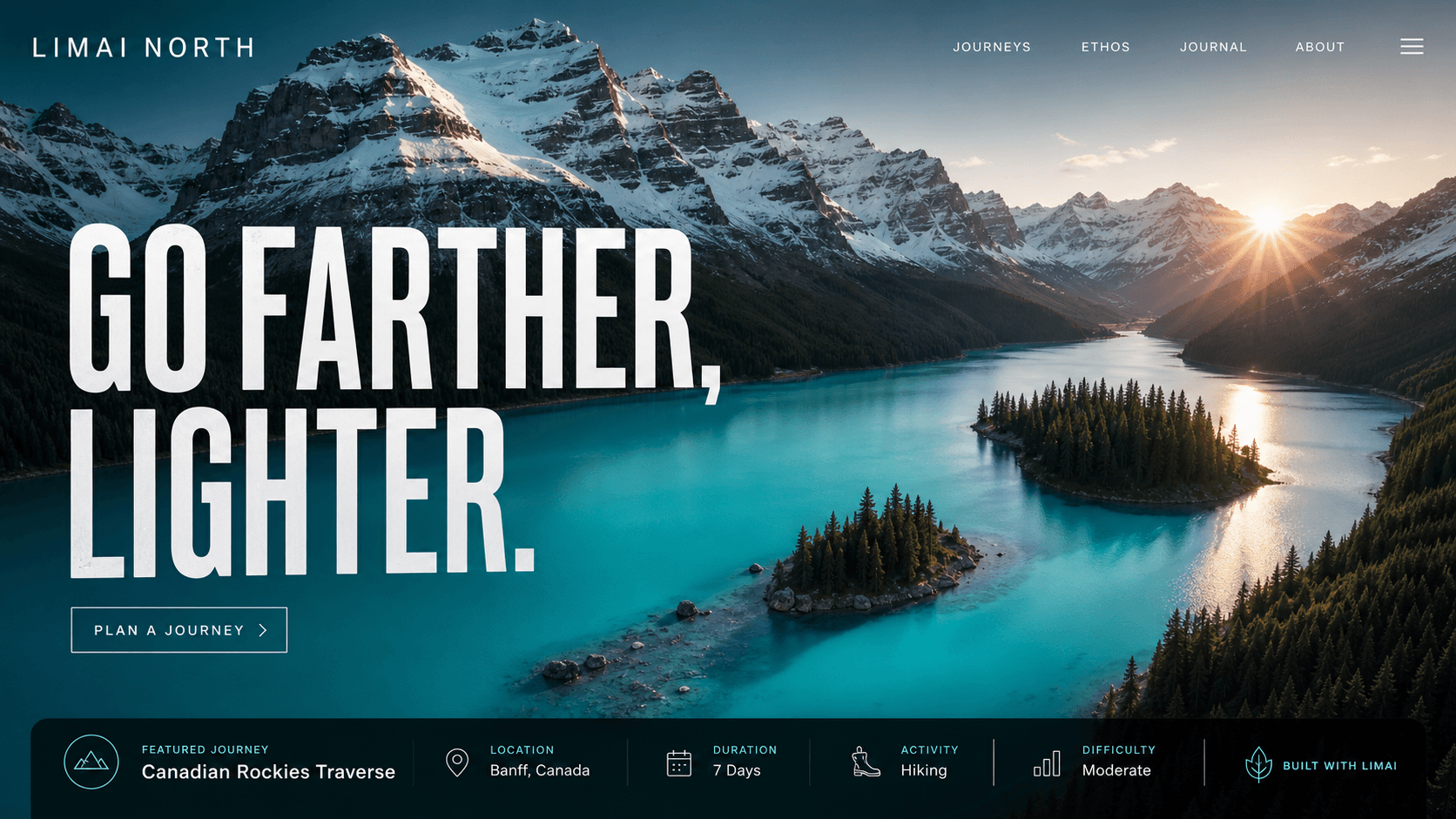 An editorial adventure website overlooking a turquoise alpine lake