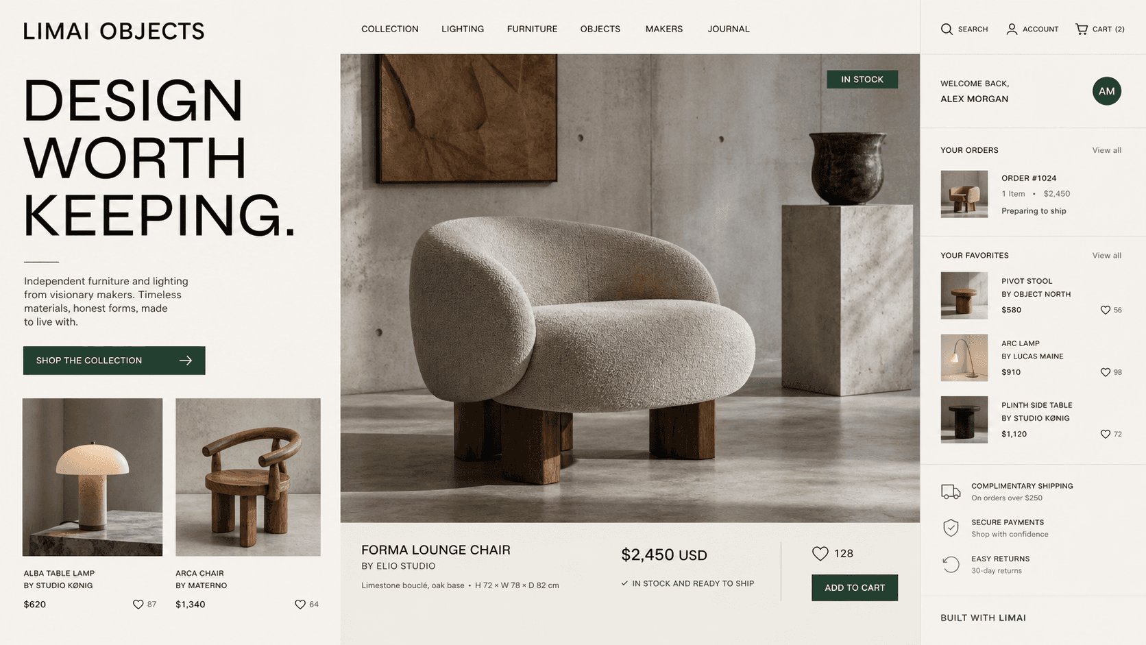 An editorial furniture marketplace with inventory, favorites, and account tools