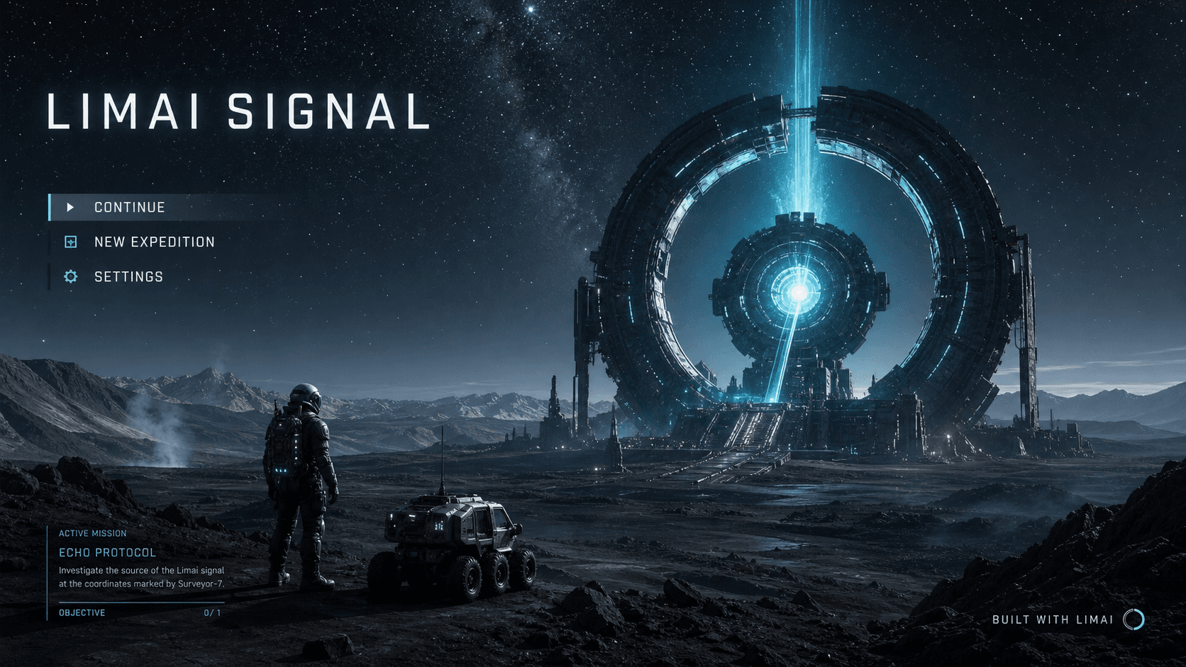 A cinematic exploration game title screen facing a colossal alien signal