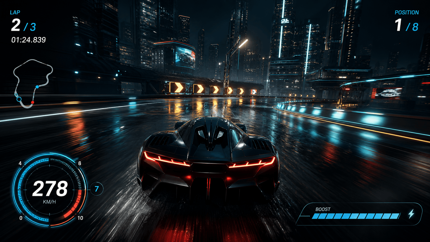 Neon Drift racing game on a rain-soaked futuristic city circuit